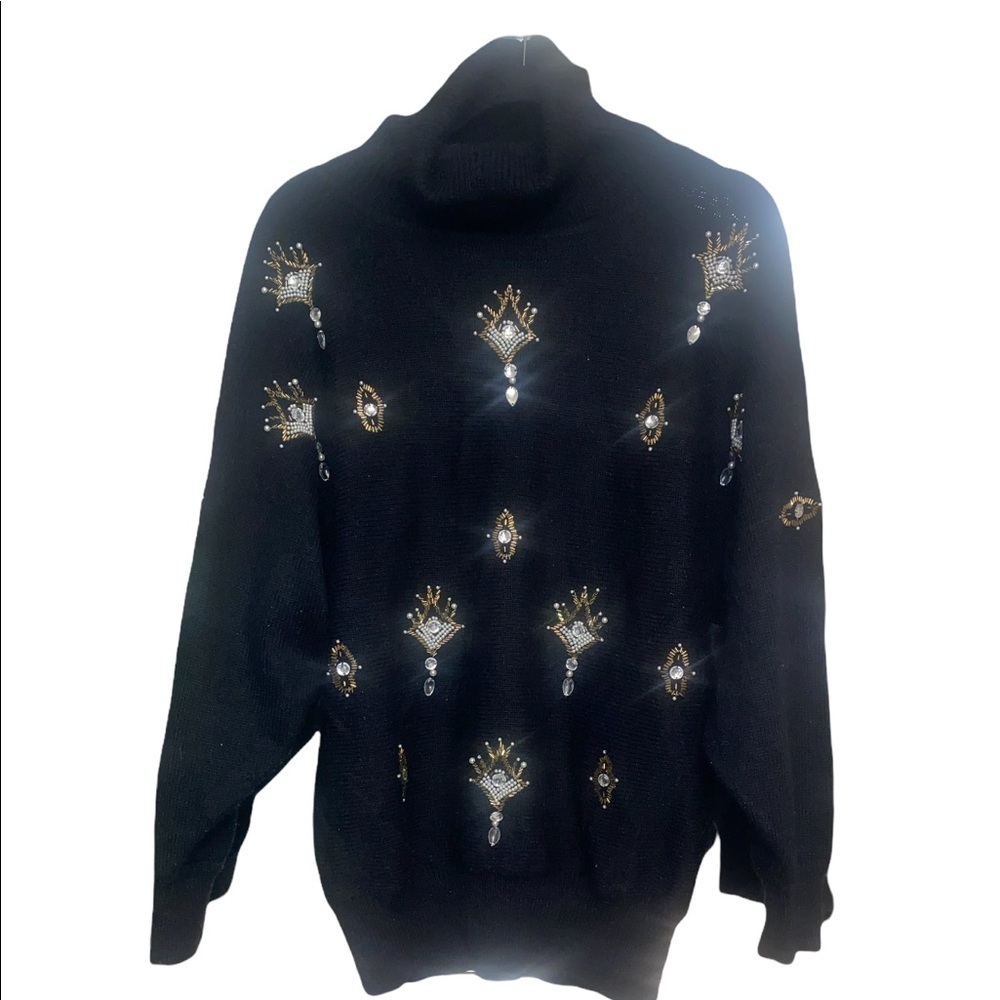 Angenie Vintage Beaded Sliver and Gold Embellished Black knit Size S